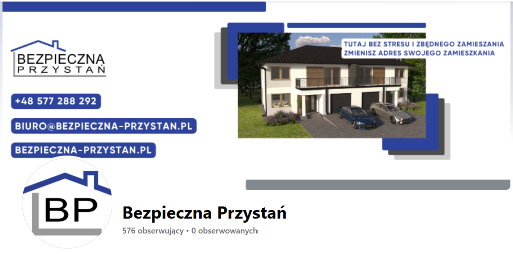 Profil Bezpieczna Przystań na Facebooku — logo, wizualizacja inwestycji i dane kontaktowe